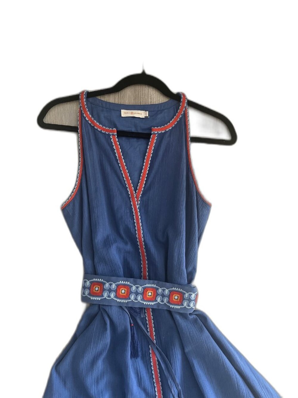 Tory Burch Savannah Embroidered Crepon Dress 4 Hudson Blue - Picture 8 of 11
